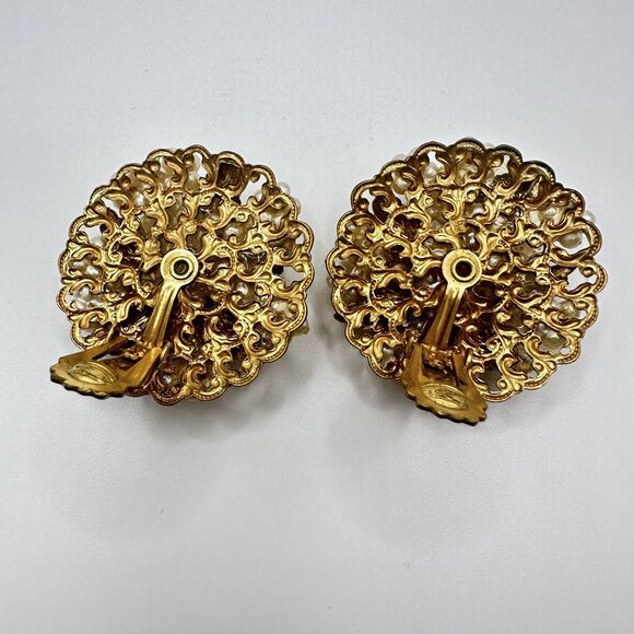 Leru Vintage Crystal Clip On Earrings Cluster Pearl Gold Chunky Signed 1950s - Picture 8 of 11
